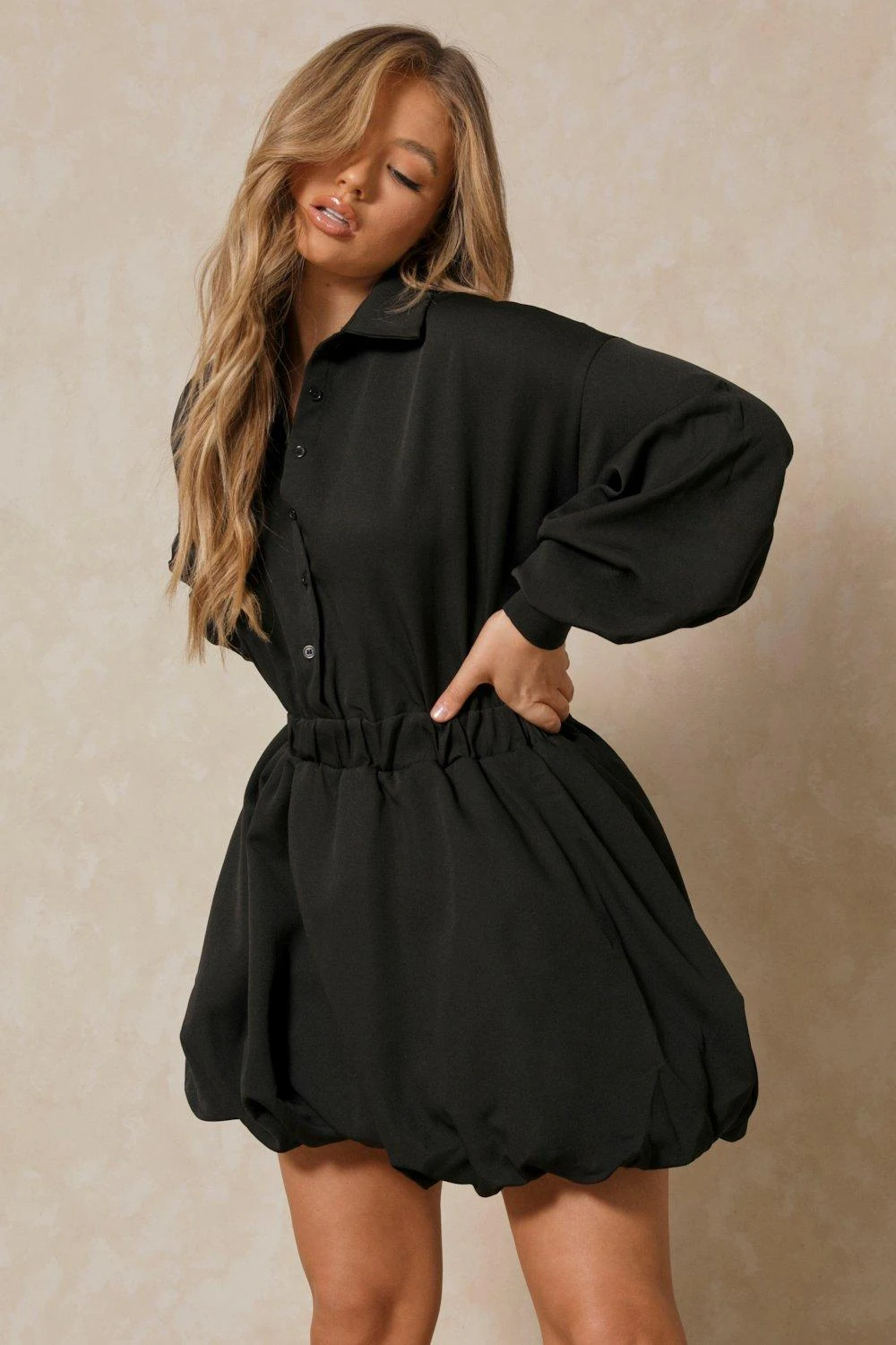 Button Up Extreme Puff Sleeve Mini Dress - Image 2
