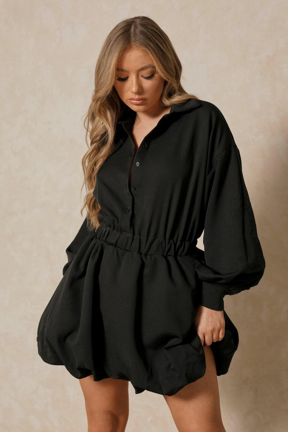 Button Up Extreme Puff Sleeve Mini Dress