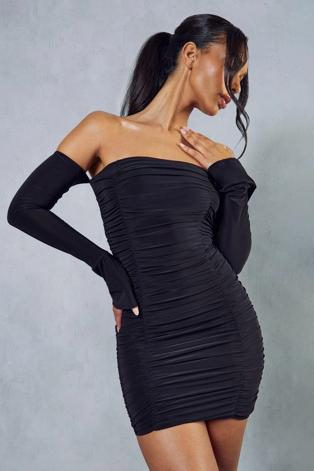 Double Layer Ruched Long Sleeve Bardot Dress - Image 5