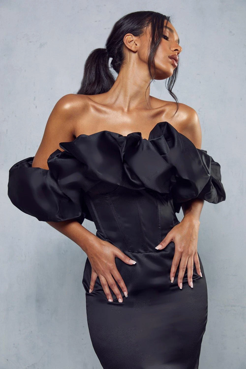 Premium Corset Puff Bardot Midi Dress - Image 2