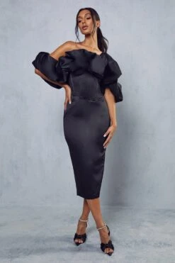 Premium Corset Puff Bardot Midi Dress