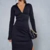 Premium Ribbed Collared Long Sleeve Slit Leg Midi Dress