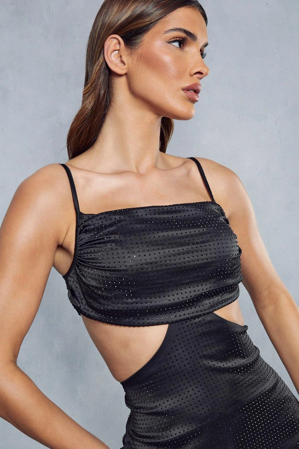 Premium Satin Diamante Cut Out Strappy Mini Dress - Image 2