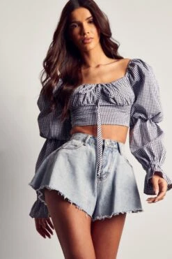 Puff Sleeve Gingham Crop Top