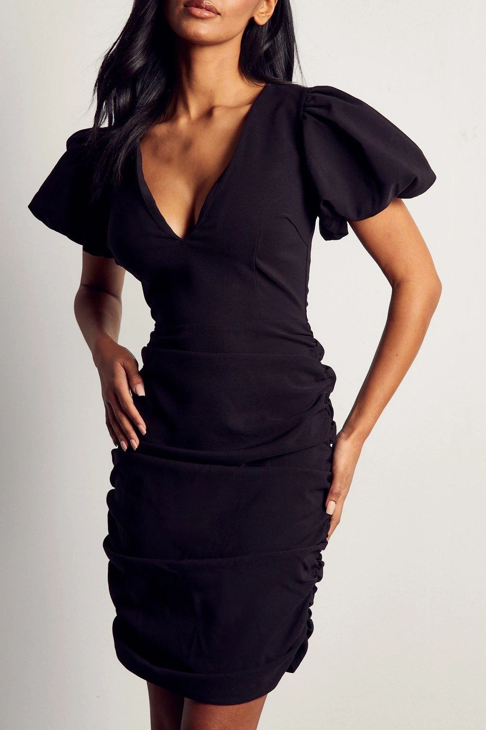 Puff Sleeve Plunge Ruched Mini Dress - Image 5