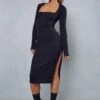 Rib Square Neck Long Sleeve Split Leg Midi Dress
