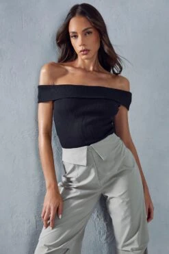Ribbed Bardot Off The Shoulder Top