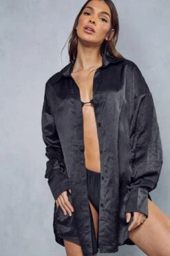 Textured Crinkle Satin Oversized Shirt