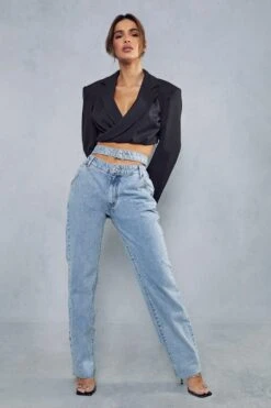 Asymmetric Double Waistband Straight Leg Jeans