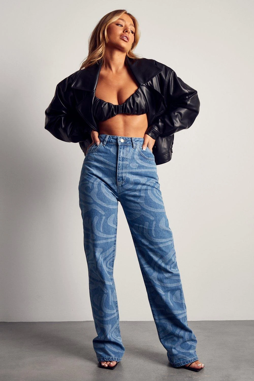 Marble Print Baggy Split Jeans