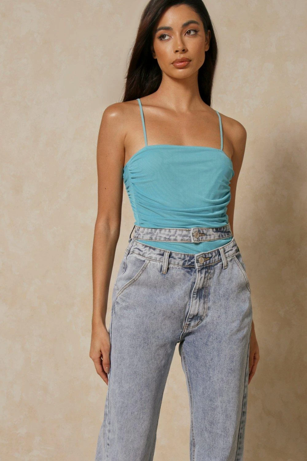 Mesh Ruched Cowl Neck Bodysuit