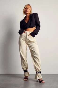 Pu Ankle Buckle Detail Straight Leg Jean