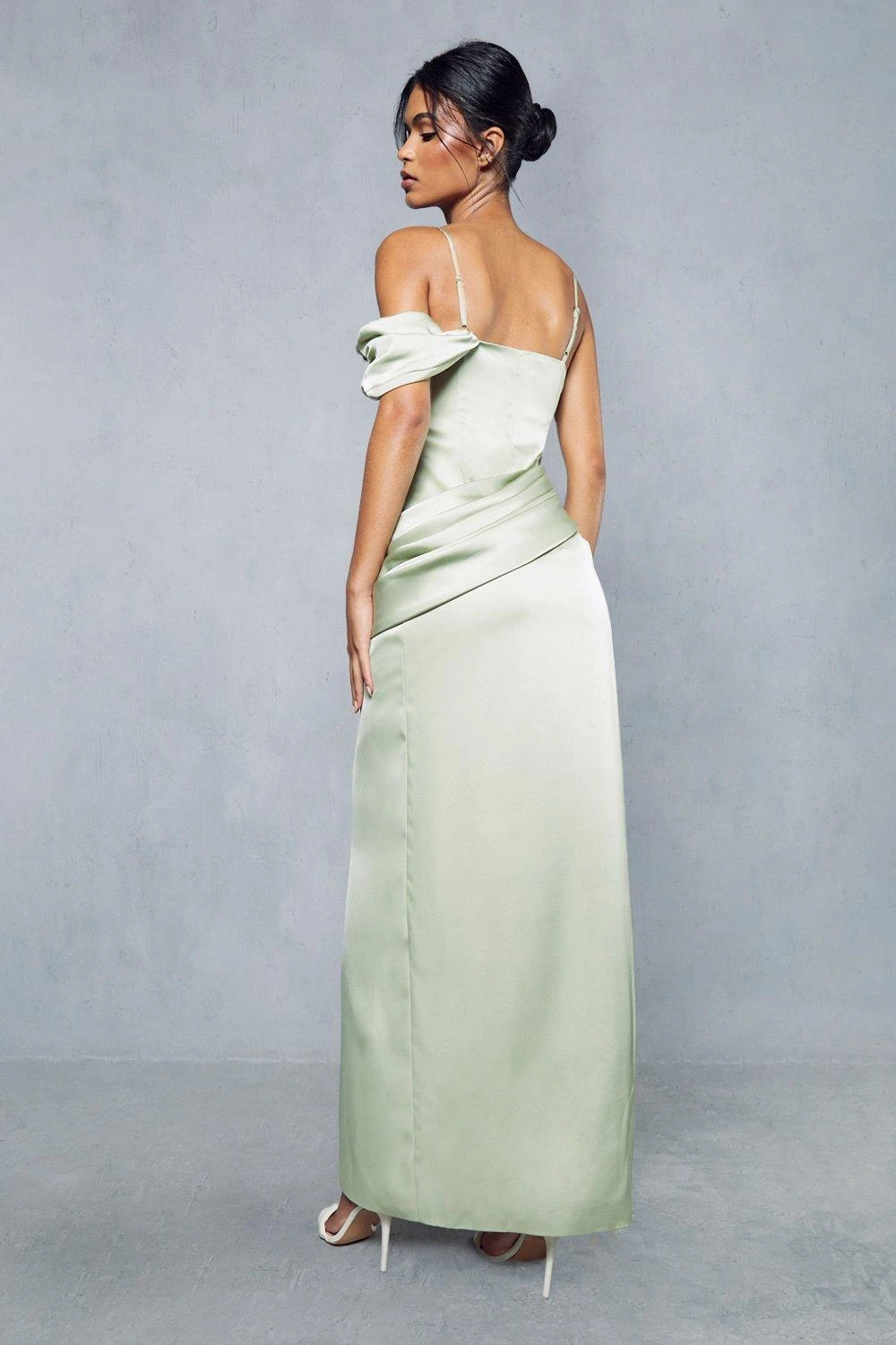 Premium Satin Draped Off The Shoulder Maxi Dress - Image 4