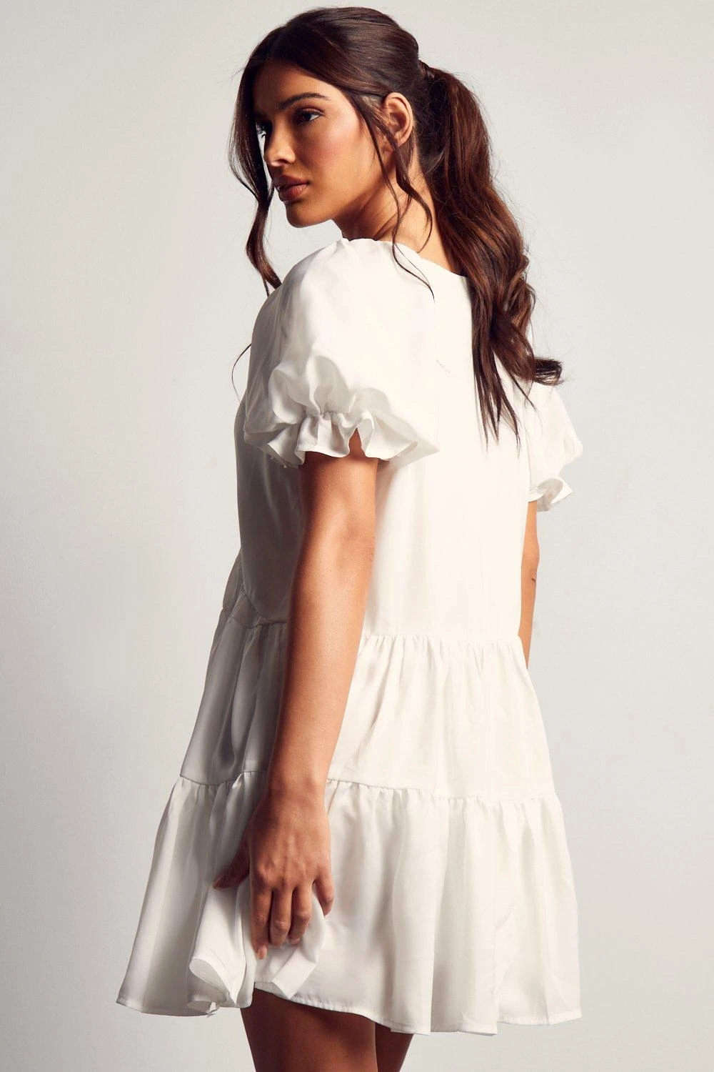 Puff Sleeve Plunge Tiered Smock Dress - Image 3