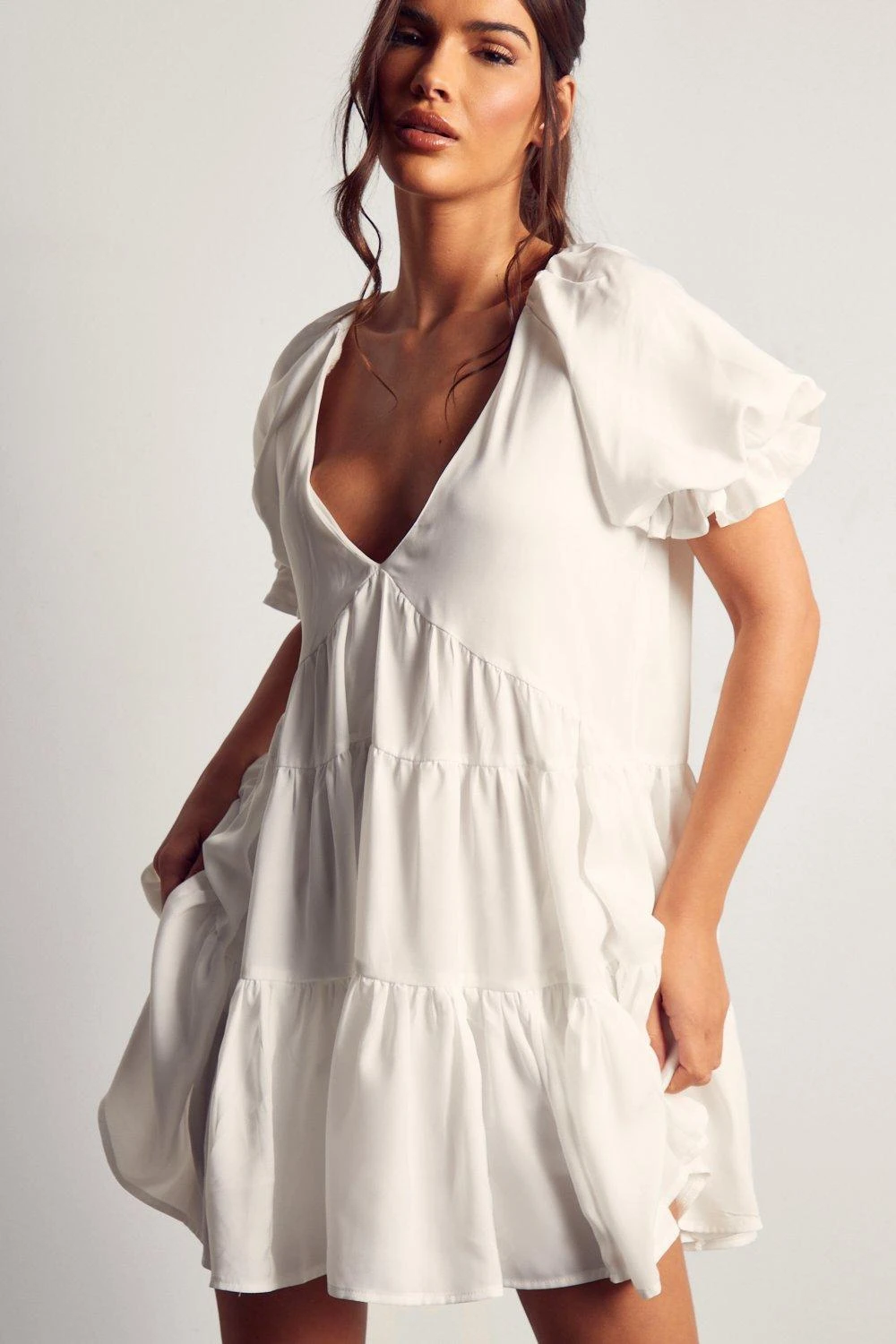 Puff Sleeve Plunge Tiered Smock Dress - Image 5