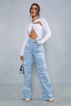 Bleach Marble Raw Hem Wide Leg Jean