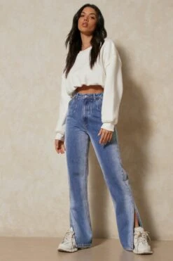 Mid Wash Bleached Seams Straight Leg Jean