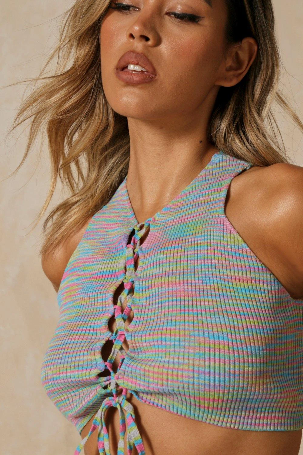 Knitted Ribbed Lace Up Top - Image 3