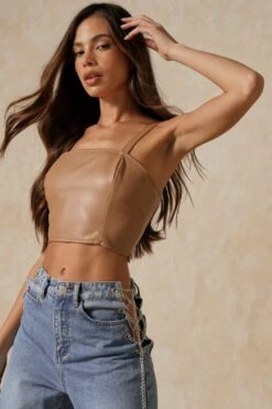 Leather Look Square Neck Crop Top