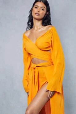 Crinkle Sheer Twisted Off The Shoulder Tie Top