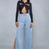Side Split Straight Leg Light Wash Jean