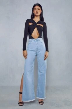 Side Split Straight Leg Light Wash Jean