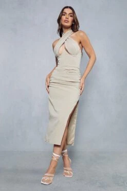 Linen Look Cross Over Corset Midi Dress